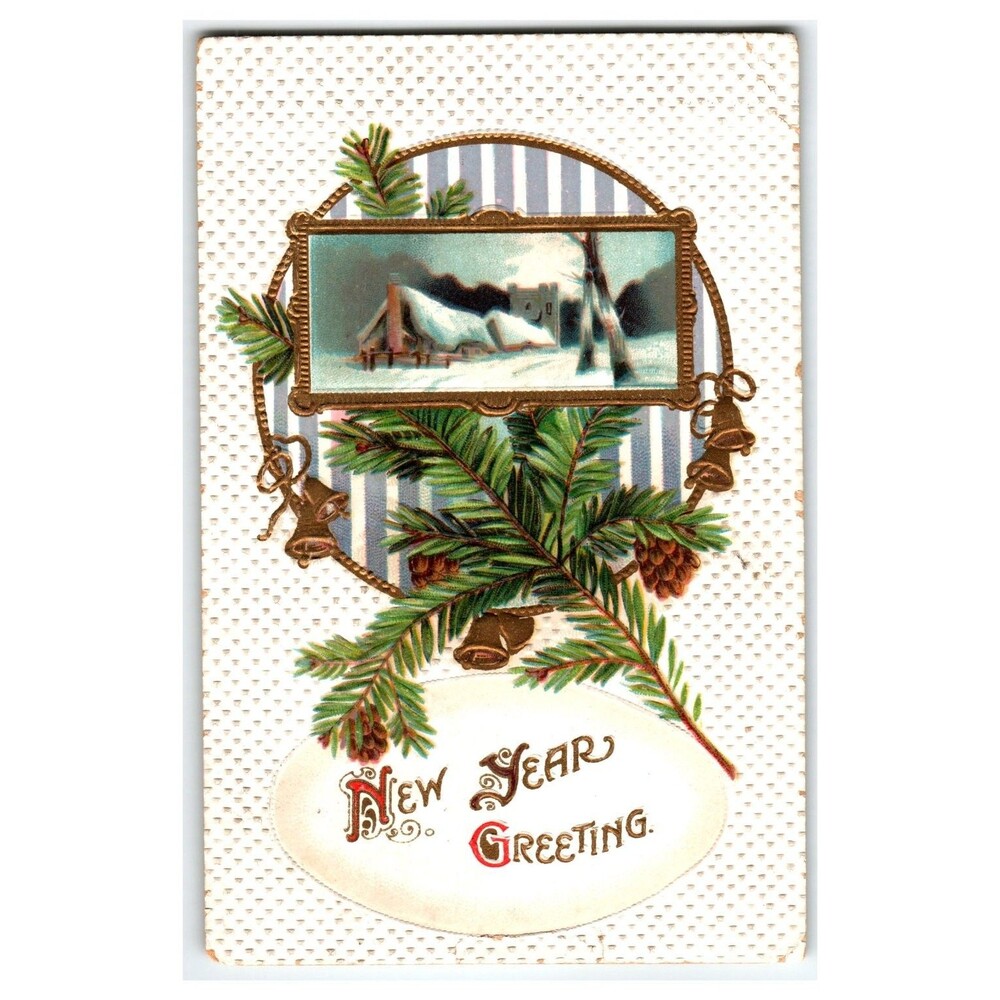 Antique New Year Greeting Postcard c.1906 Winter Cabin Snow Pine Bells Embossed